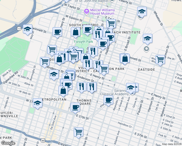 map of restaurants, bars, coffee shops, grocery stores, and more near 228 East Henry Street in Savannah