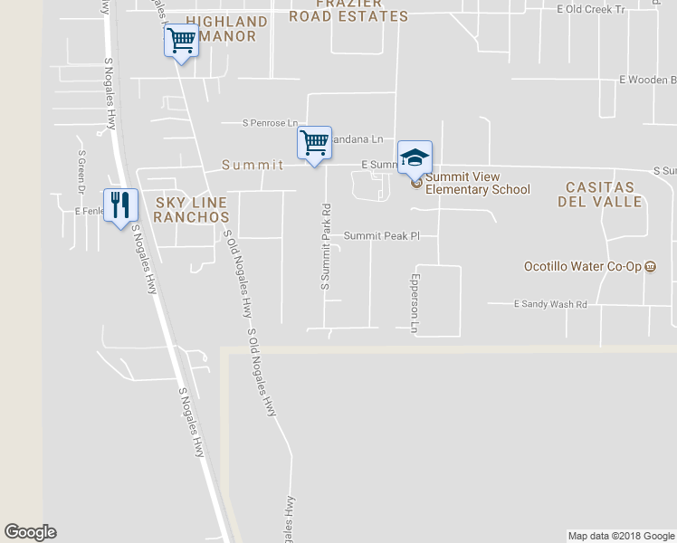 map of restaurants, bars, coffee shops, grocery stores, and more near 10347 South Summit Park Road in Tucson