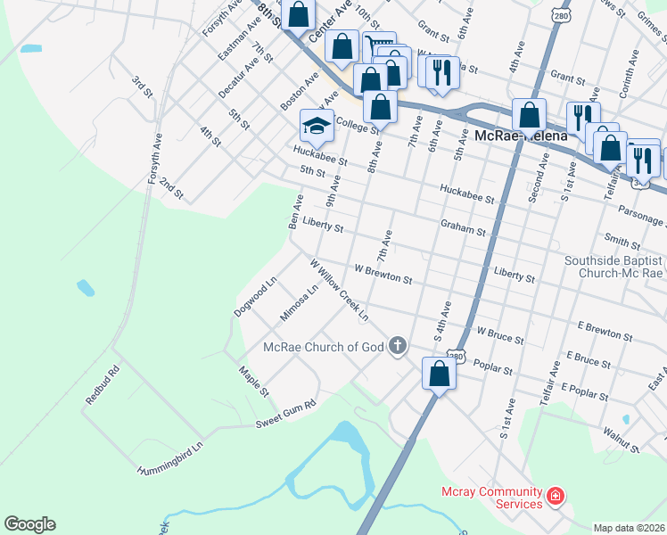 map of restaurants, bars, coffee shops, grocery stores, and more near 800 8th Avenue in McRae-Helena