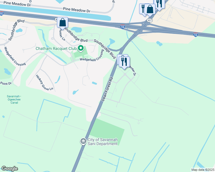 map of restaurants, bars, coffee shops, grocery stores, and more near 1404 Dean Forest Road in Savannah