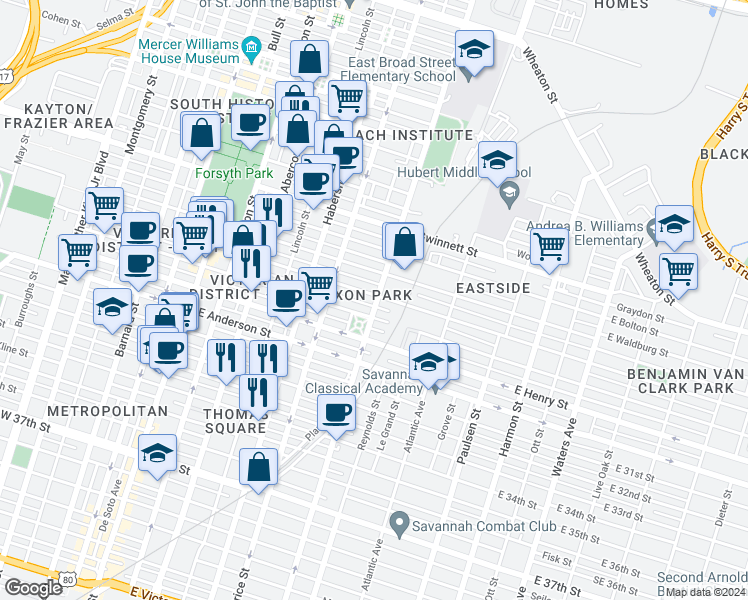 map of restaurants, bars, coffee shops, grocery stores, and more near 1114 East Broad Street in Savannah