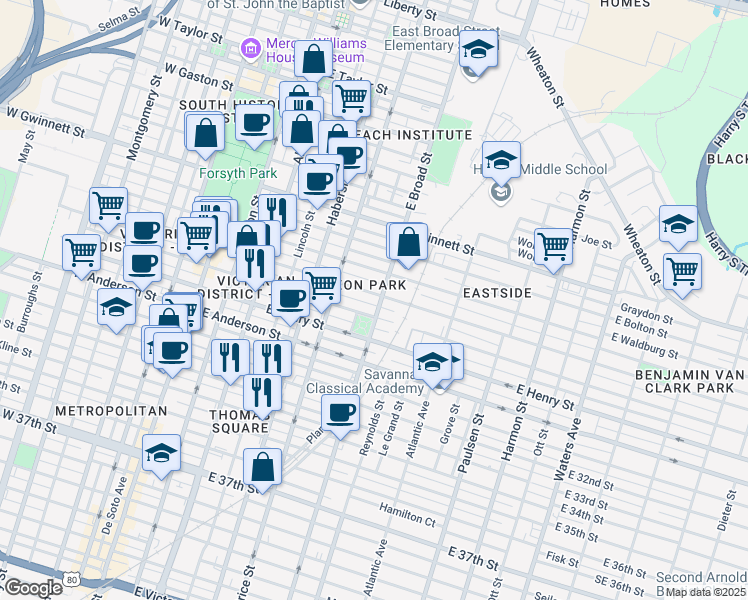 map of restaurants, bars, coffee shops, grocery stores, and more near 1114 East Broad Street in Savannah