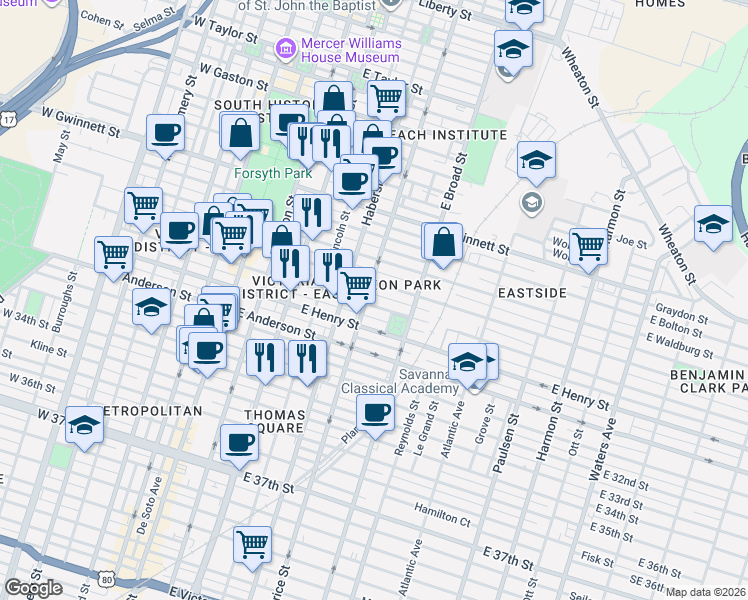 map of restaurants, bars, coffee shops, grocery stores, and more near 516 East Duffy Street in Savannah