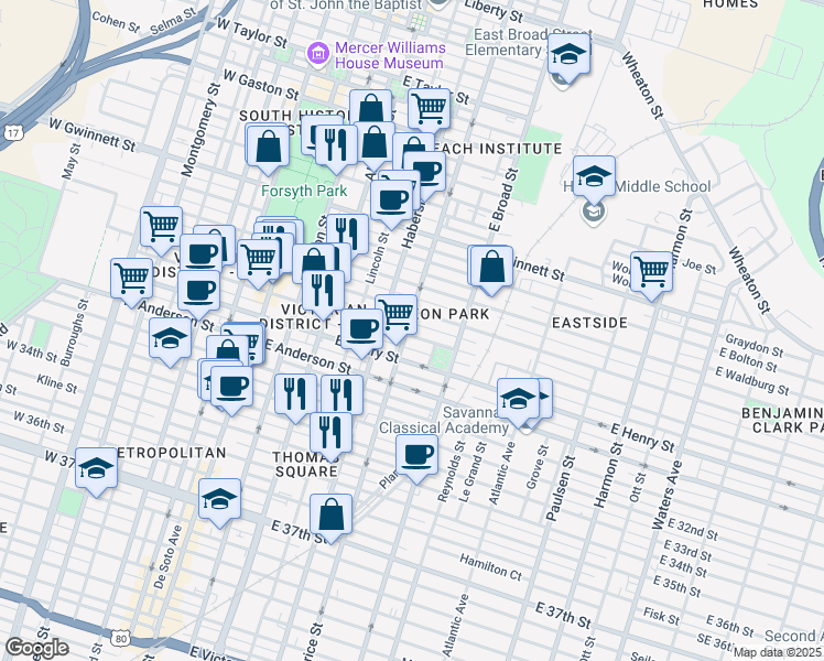 map of restaurants, bars, coffee shops, grocery stores, and more near 516 East Duffy Street in Savannah