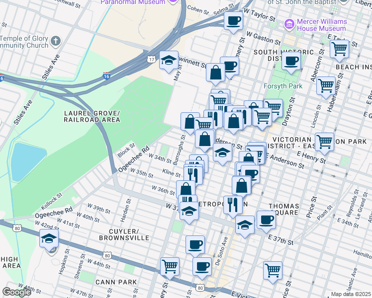 map of restaurants, bars, coffee shops, grocery stores, and more near 1602 Burroughs Street in Savannah