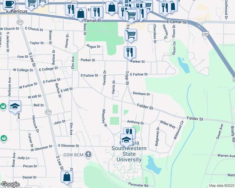 map of restaurants, bars, coffee shops, grocery stores, and more near 720 Harris Street in Americus