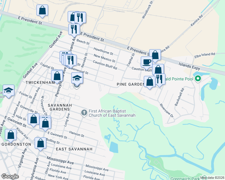 map of restaurants, bars, coffee shops, grocery stores, and more near 2800 Capital Street in Savannah