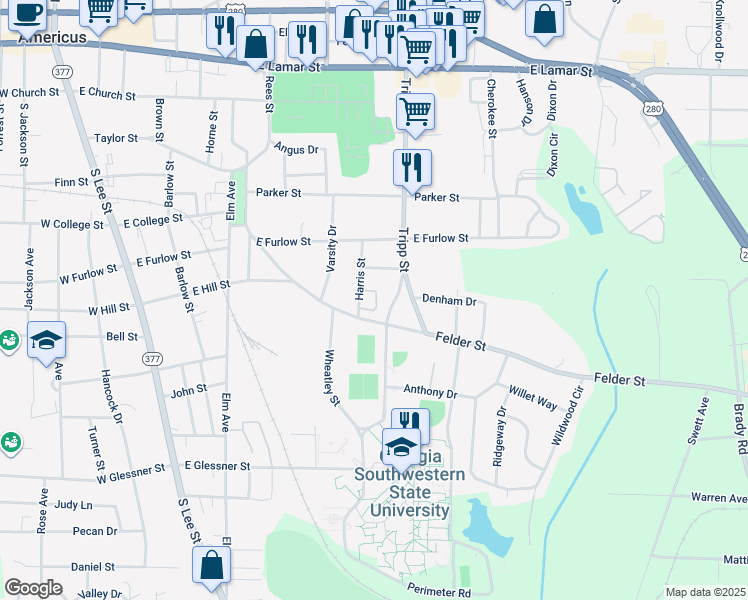 map of restaurants, bars, coffee shops, grocery stores, and more near 720 Harris Street in Americus