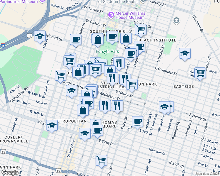map of restaurants, bars, coffee shops, grocery stores, and more near 119 East Henry Street in Savannah