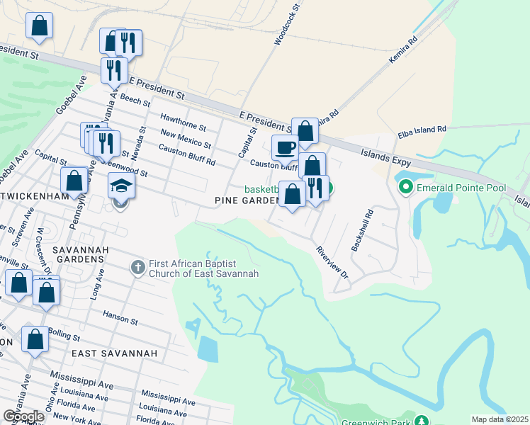map of restaurants, bars, coffee shops, grocery stores, and more near 2-98 Celia Street in Savannah