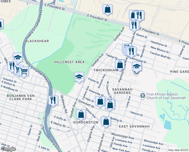 map of restaurants, bars, coffee shops, grocery stores, and more near 332 Lawton Avenue in Savannah
