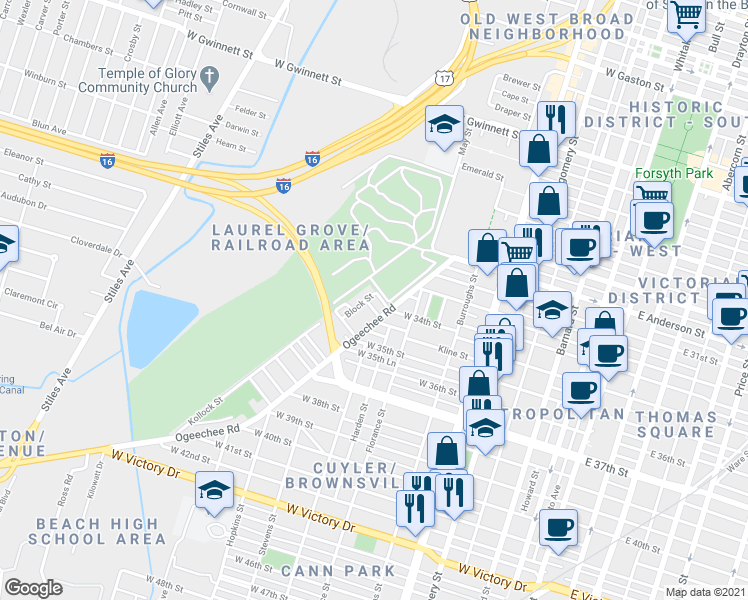 map of restaurants, bars, coffee shops, grocery stores, and more near 1805 Ogeechee Road in Savannah