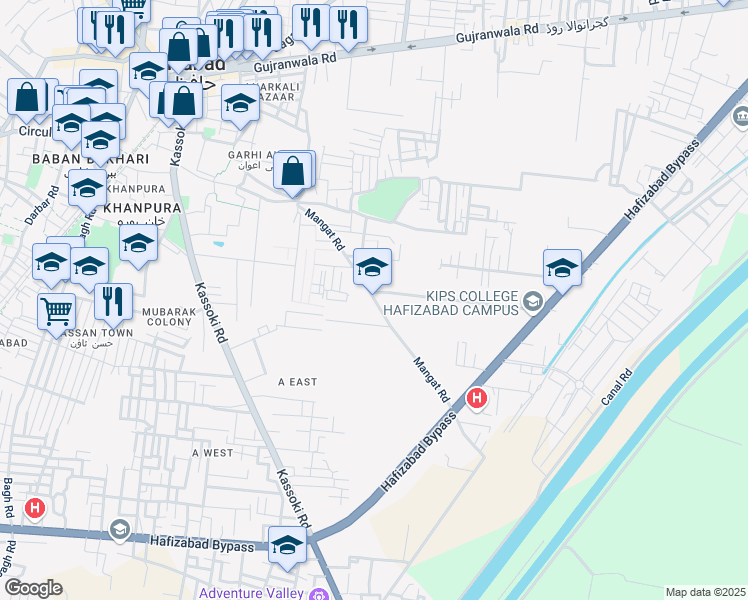 map of restaurants, bars, coffee shops, grocery stores, and more near Mangat Road in Hafizabad