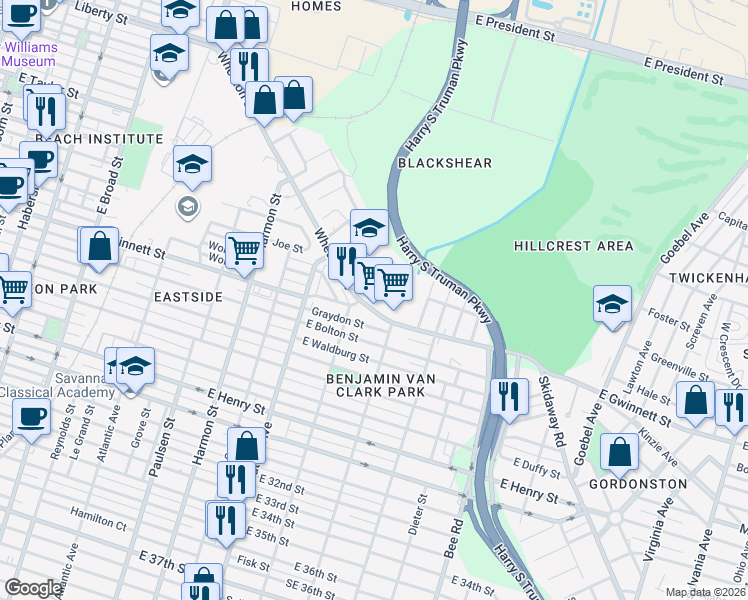map of restaurants, bars, coffee shops, grocery stores, and more near 1210 Wheaton Street in Savannah