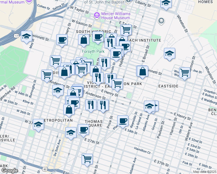 map of restaurants, bars, coffee shops, grocery stores, and more near 228 East Henry Street in Savannah