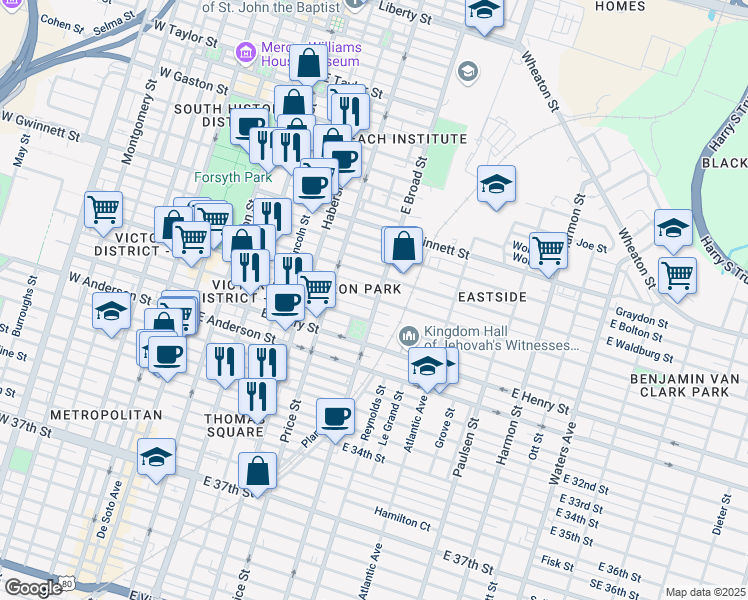 map of restaurants, bars, coffee shops, grocery stores, and more near 551 East Park Avenue in Savannah