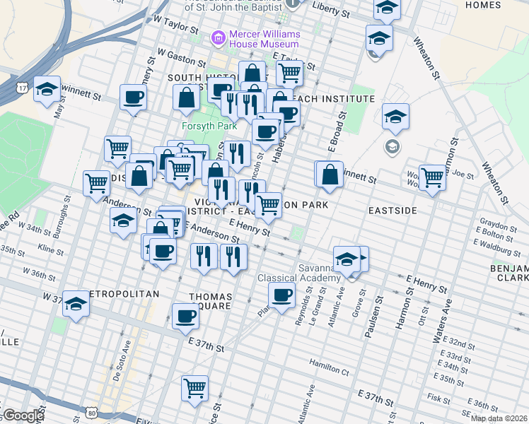 map of restaurants, bars, coffee shops, grocery stores, and more near 405 East Duffy Street in Savannah