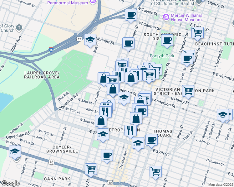 map of restaurants, bars, coffee shops, grocery stores, and more near 305 West 31st Street in Savannah
