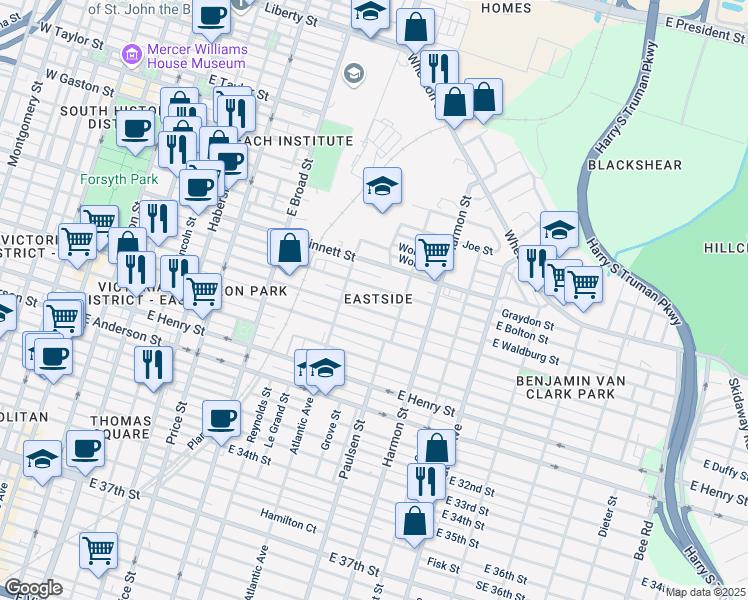 map of restaurants, bars, coffee shops, grocery stores, and more near 755 East Waldburg Street in Savannah