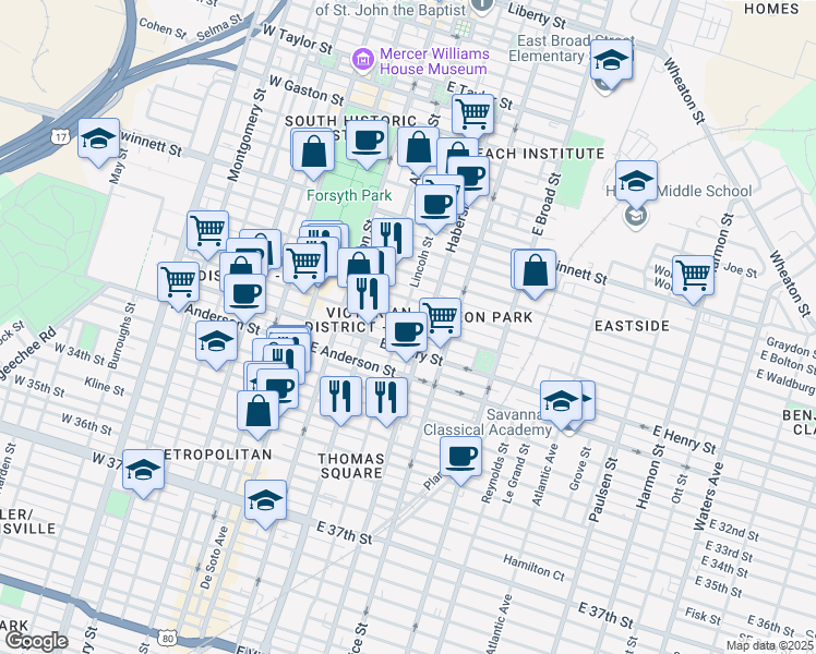 map of restaurants, bars, coffee shops, grocery stores, and more near 228 East Henry Street in Savannah