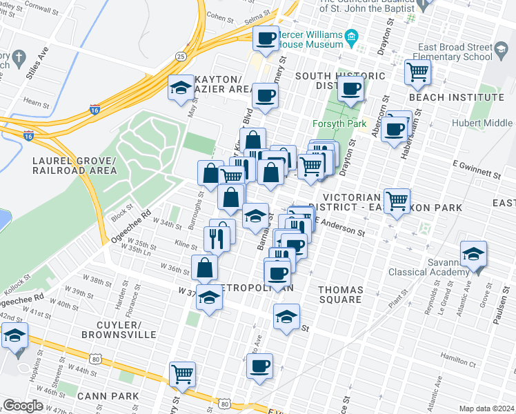 map of restaurants, bars, coffee shops, grocery stores, and more near 305 West 31st Street in Savannah