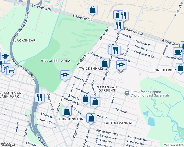 map of restaurants, bars, coffee shops, grocery stores, and more near 1830 Elgin Street in Savannah
