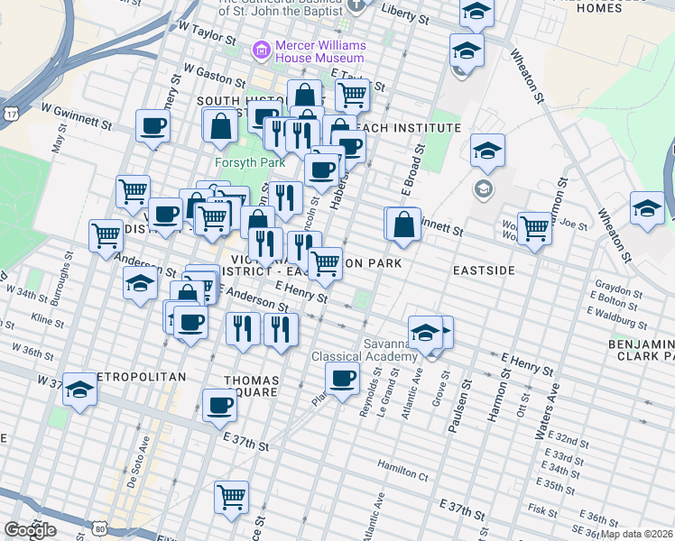 map of restaurants, bars, coffee shops, grocery stores, and more near 516 East Duffy Street in Savannah