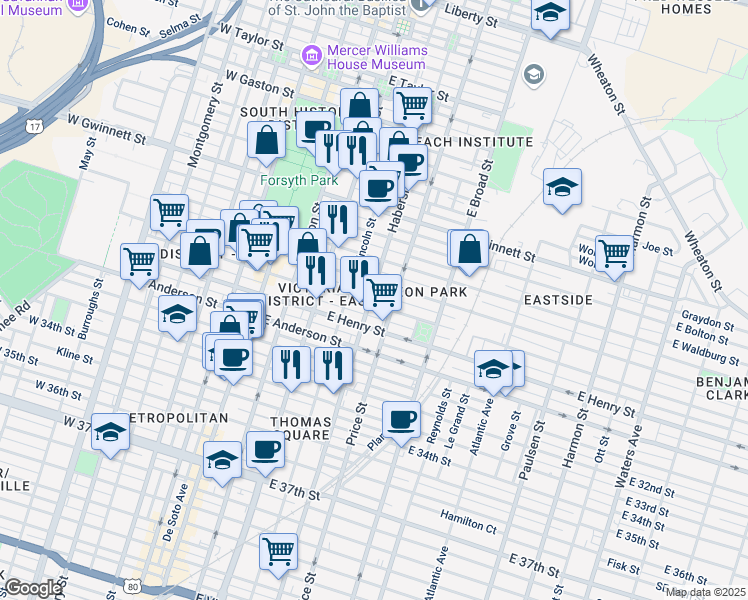 map of restaurants, bars, coffee shops, grocery stores, and more near 405 East Duffy Street in Savannah