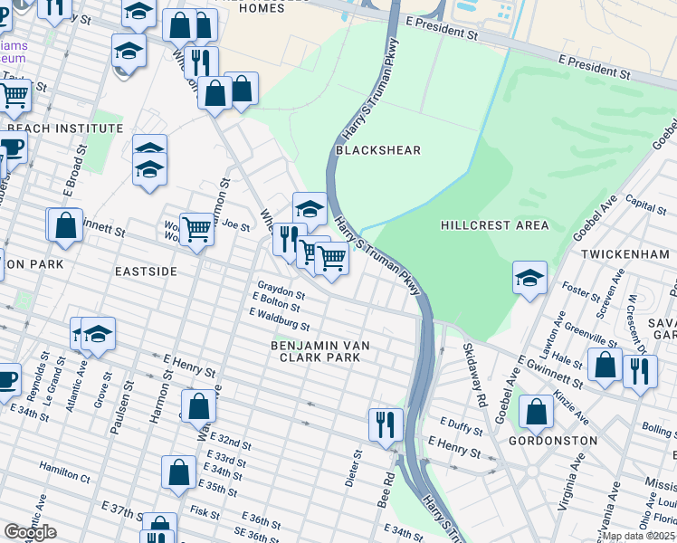 map of restaurants, bars, coffee shops, grocery stores, and more near 1212 Wheaton Street in Savannah