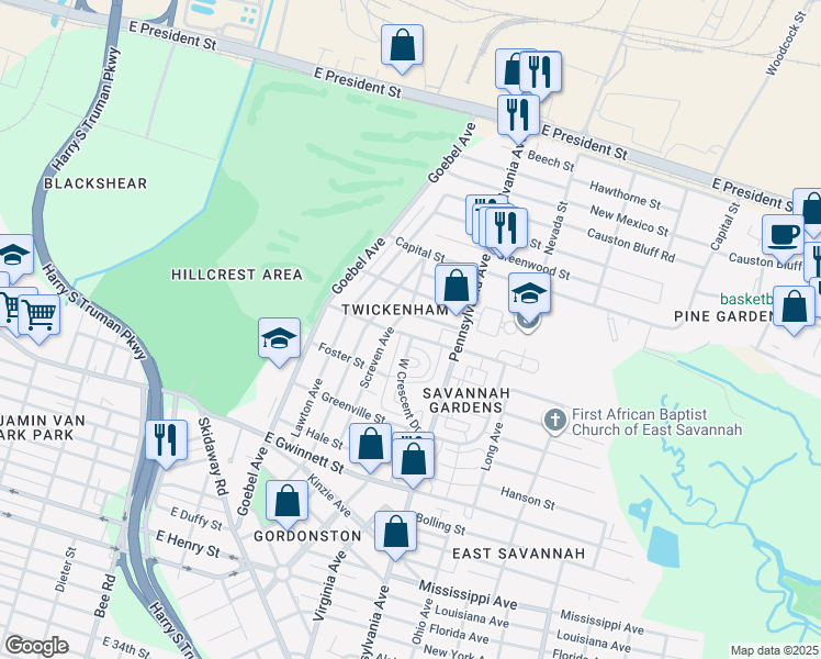 map of restaurants, bars, coffee shops, grocery stores, and more near 1830 Elgin Street in Savannah