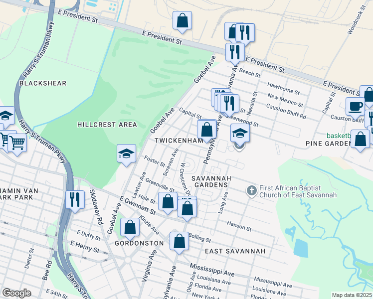 map of restaurants, bars, coffee shops, grocery stores, and more near 1830 Elgin Street in Savannah