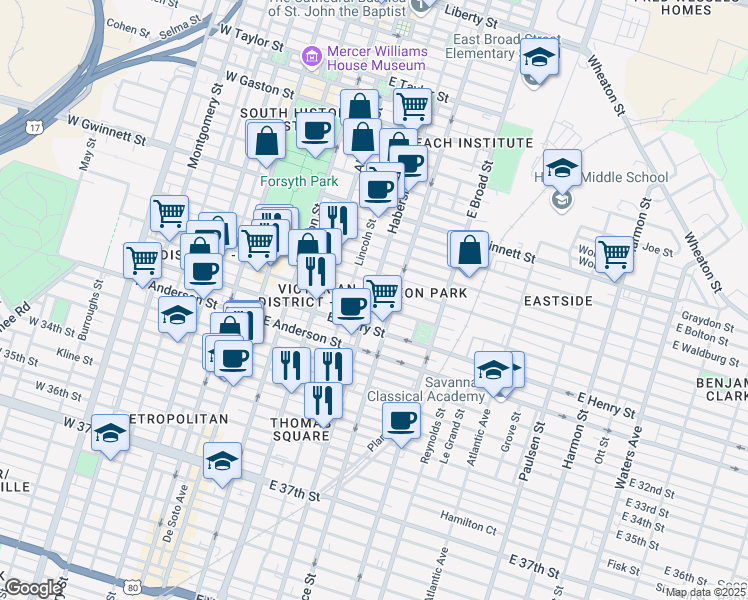 map of restaurants, bars, coffee shops, grocery stores, and more near 405 East Duffy Street in Savannah