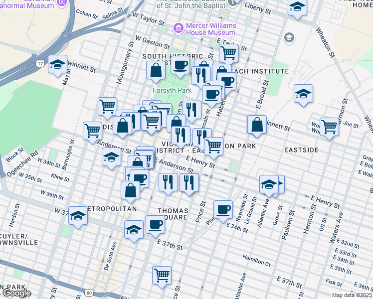map of restaurants, bars, coffee shops, grocery stores, and more near 228 East Henry Street in Savannah