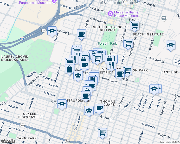 map of restaurants, bars, coffee shops, grocery stores, and more near 1401 Bull Street in Savannah