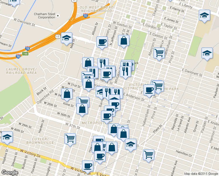 map of restaurants, bars, coffee shops, grocery stores, and more near 1414 Barnard Street in Savannah