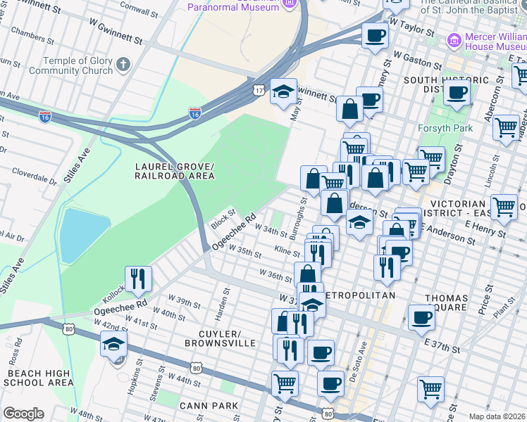 map of restaurants, bars, coffee shops, grocery stores, and more near 1638 Ogeechee Road in Savannah