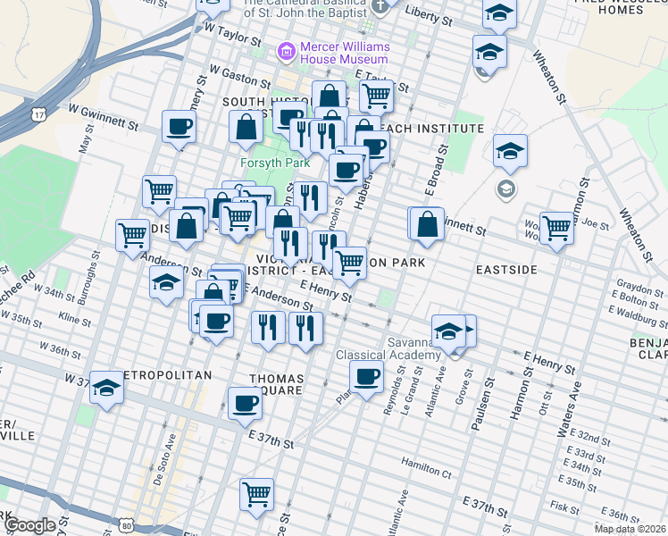 map of restaurants, bars, coffee shops, grocery stores, and more near 405 East Duffy Street in Savannah