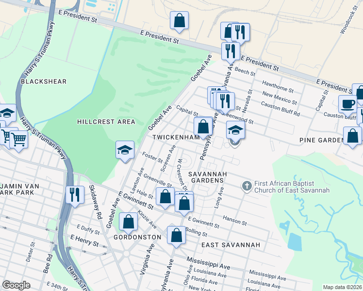 map of restaurants, bars, coffee shops, grocery stores, and more near 1828 Elgin Street in Savannah