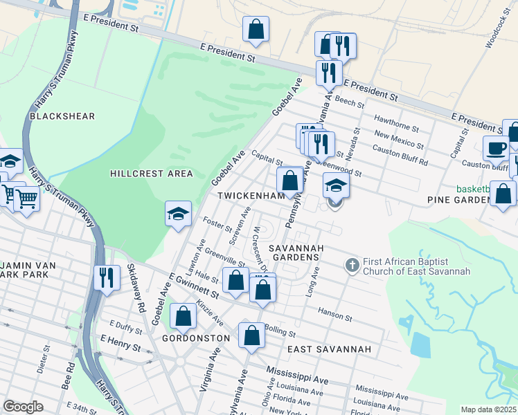 map of restaurants, bars, coffee shops, grocery stores, and more near 1828 Elgin Street in Savannah