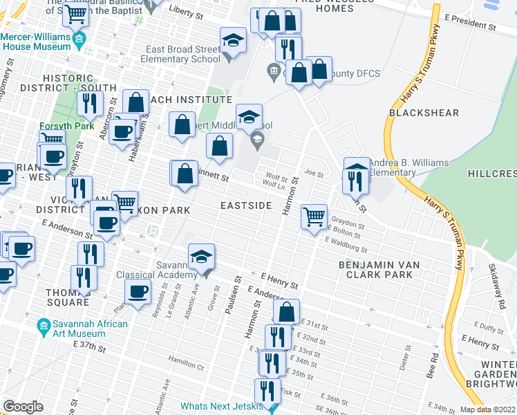 map of restaurants, bars, coffee shops, grocery stores, and more near 787 East Bolton Street in Savannah