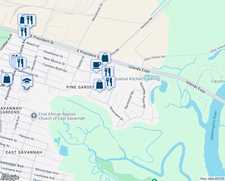 map of restaurants, bars, coffee shops, grocery stores, and more near Riverview Drive in Savannah