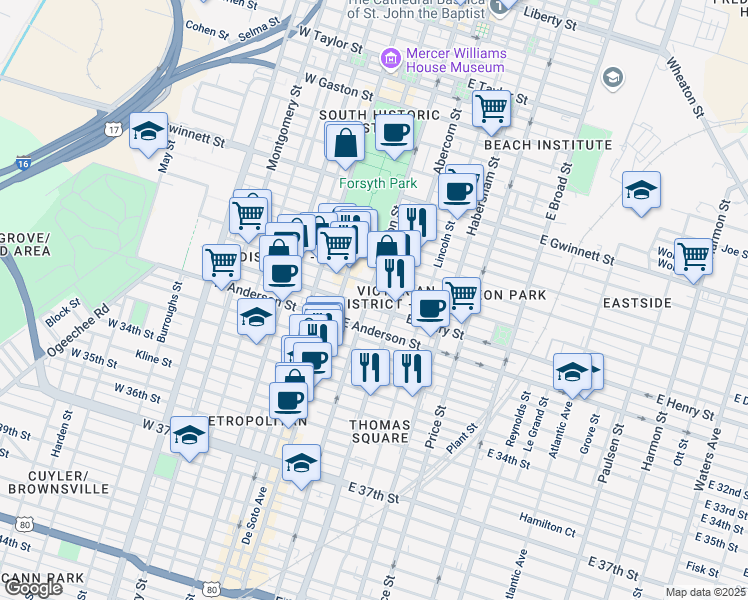 map of restaurants, bars, coffee shops, grocery stores, and more near 119 East Henry Street in Savannah