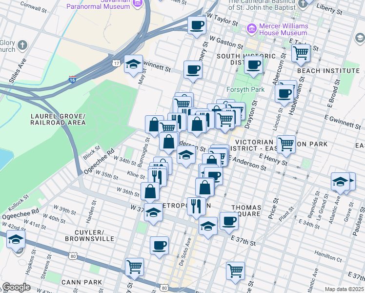 map of restaurants, bars, coffee shops, grocery stores, and more near 305 West 31st Street in Savannah