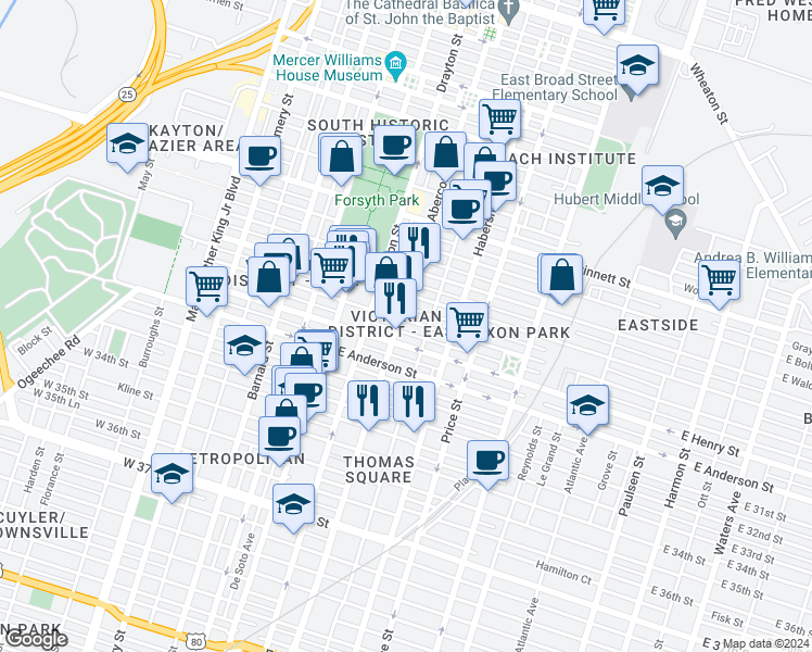map of restaurants, bars, coffee shops, grocery stores, and more near 207 East Duffy Street in Savannah
