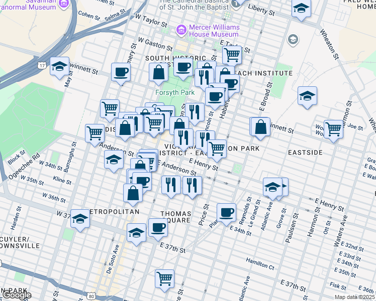 map of restaurants, bars, coffee shops, grocery stores, and more near 205 East Duffy Street in Savannah