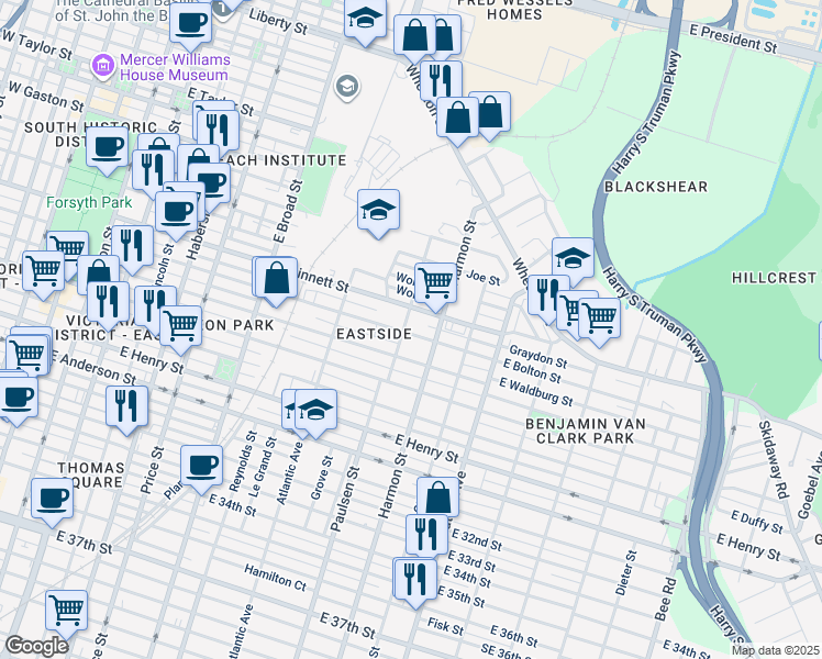 map of restaurants, bars, coffee shops, grocery stores, and more near 808 East Bolton Street in Savannah