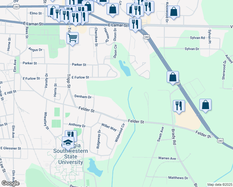 map of restaurants, bars, coffee shops, grocery stores, and more near 1130 Felder Street in Americus