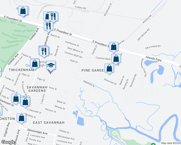 map of restaurants, bars, coffee shops, grocery stores, and more near Riverview Drive in Savannah