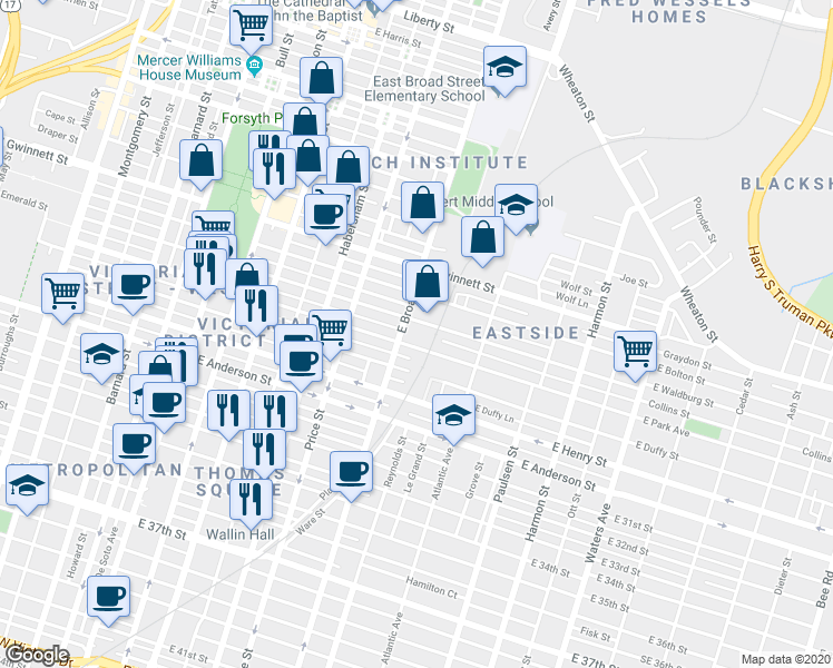 map of restaurants, bars, coffee shops, grocery stores, and more near 1114 East Broad Street in Savannah