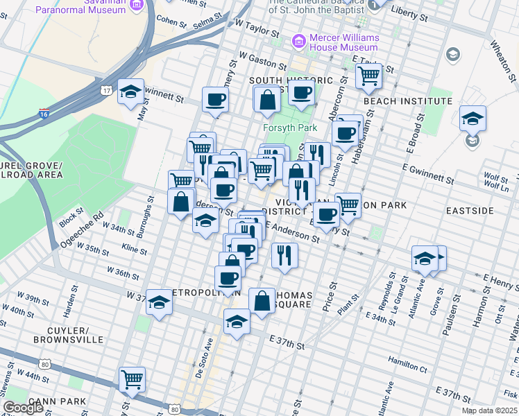 map of restaurants, bars, coffee shops, grocery stores, and more near 1300 Bull Street in Savannah